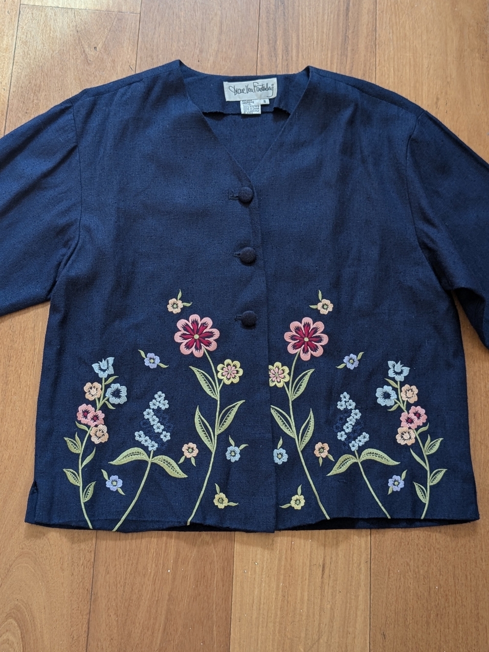 Vintage Diane Von Furstenberg Embroidered Floral Blouse Jacket Navy Cottagecore